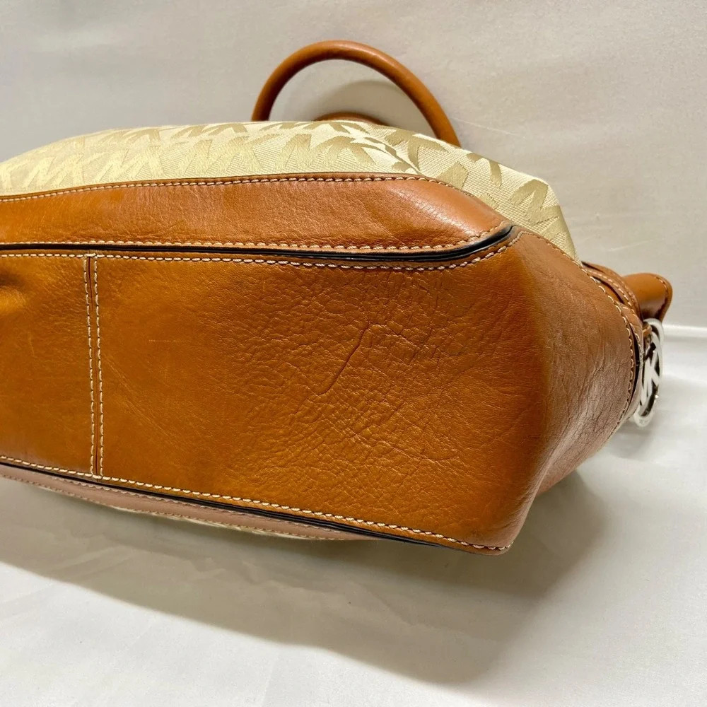 Michael Kors Brookville Large Tote Bag MK Saddle Khaki Canvas Brown Leather EUC